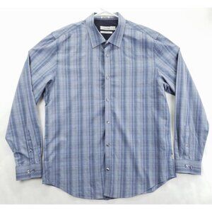 Calvin Klein Shirt Mens Large Blue Plaid Liquid Cotton Flip Cuffs Button-Up